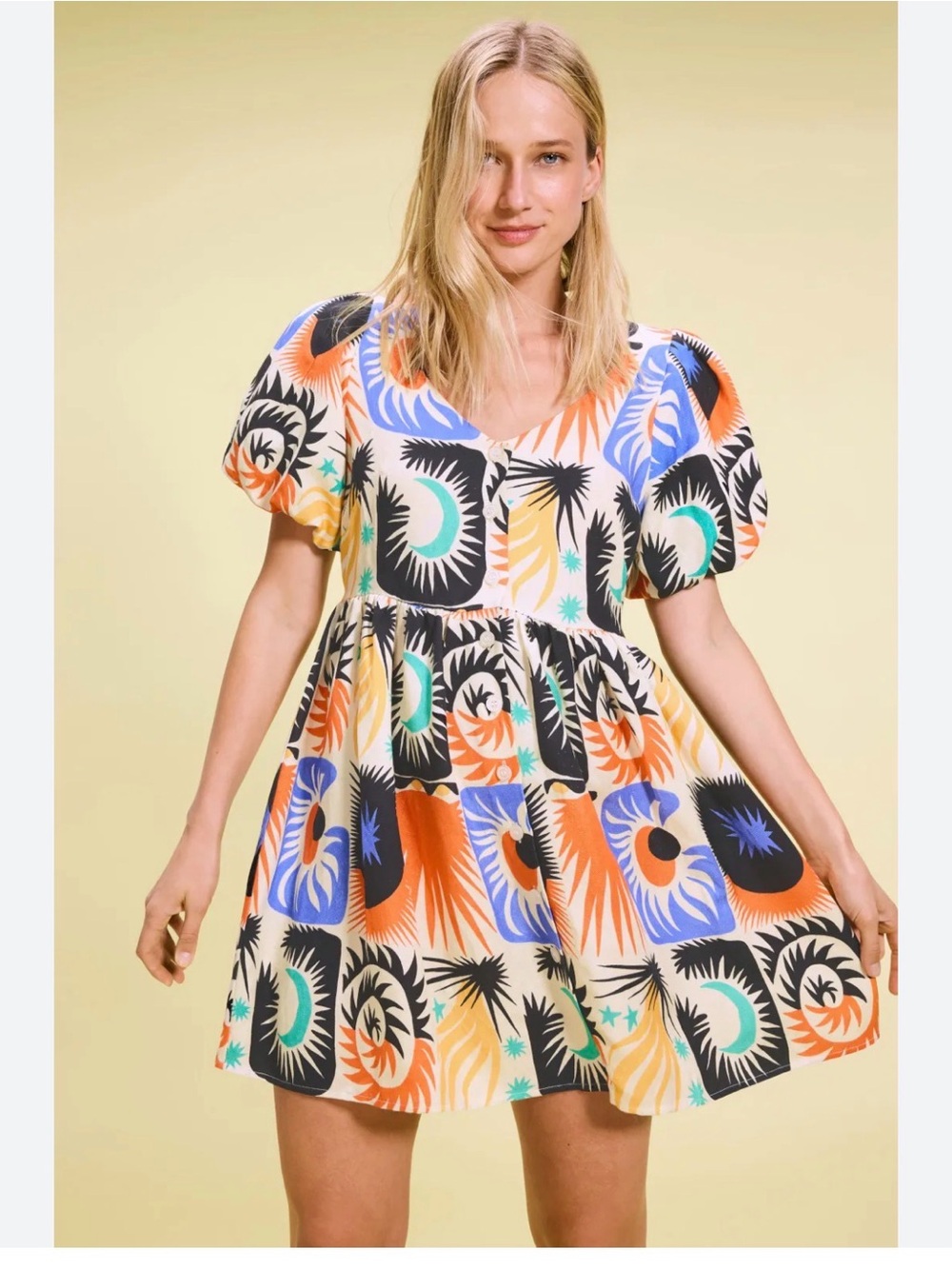Multicolor Puff-Sleeve Mini Dress - Vibrant Abstract Print